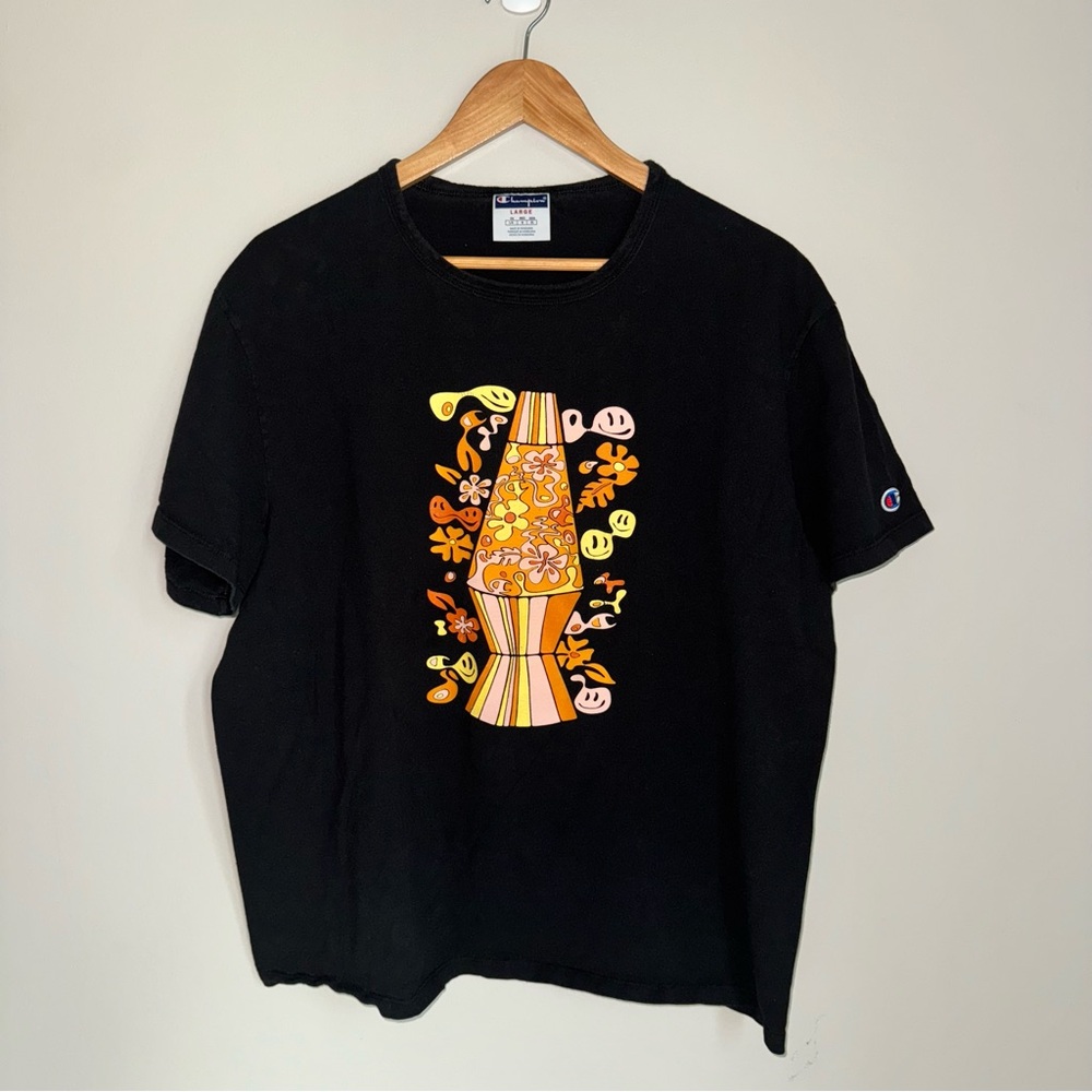 Champion Black Graphic Tee Lava Lamp Graphic Retro 70s Smiley Face Size Large